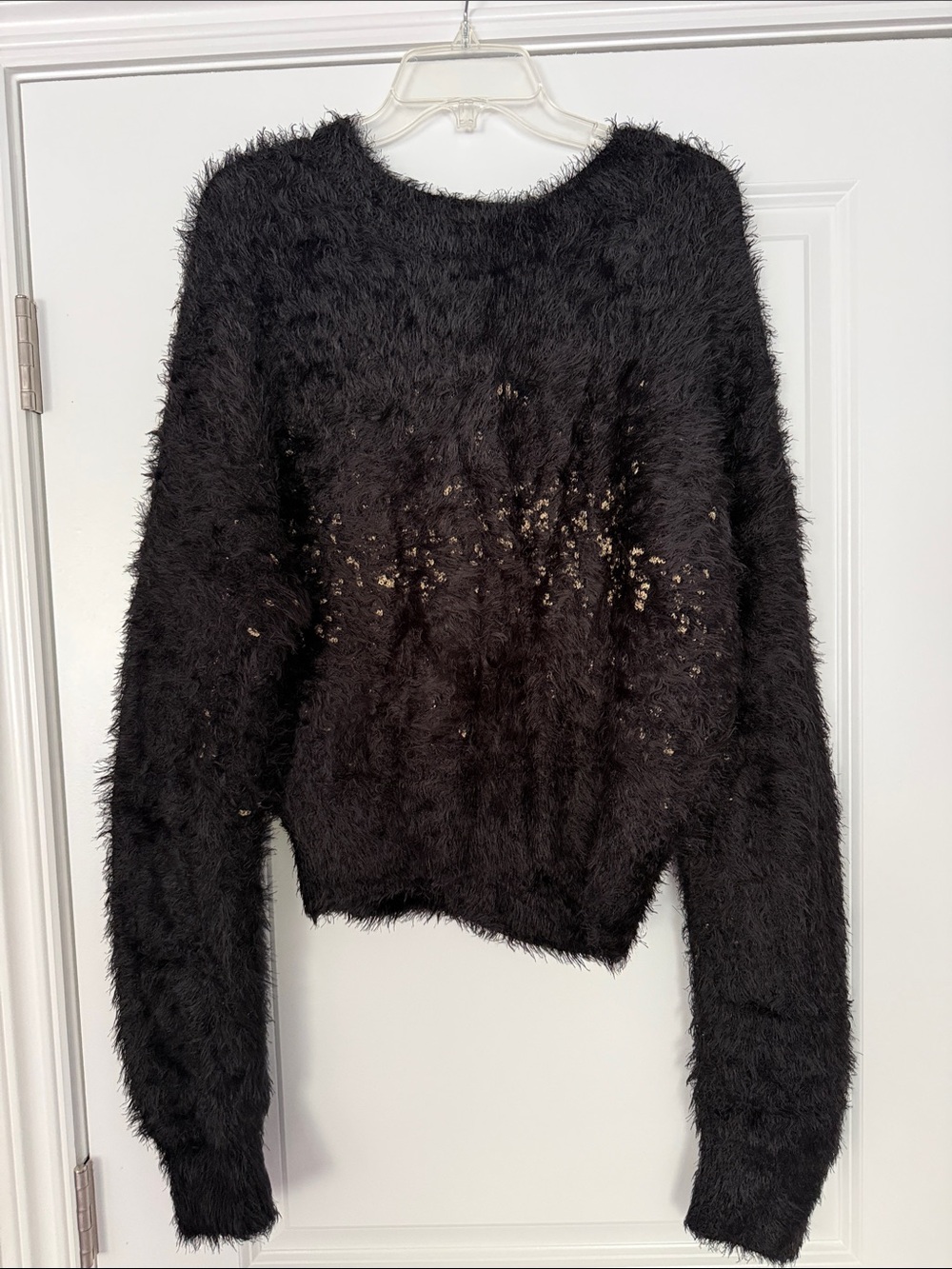 Petal & Pup Black Fuzzy Crewneck Sweater with Gold Metallic Detail